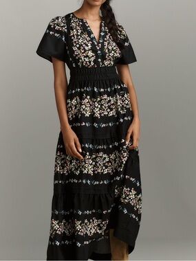 Anthropologie Somerset V-Neck Maxi Dress Short Sleeve New Small Black